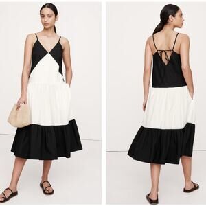 BANANA REPUBLIC Cotton Poplin Tiered Midi Dress Black White Sz M $160 {SS41}